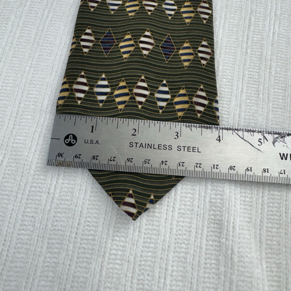 Bill Blass Black Label Silk Tie Green Geometric Pattern USA Mens Necktie - Picture 5 of 6